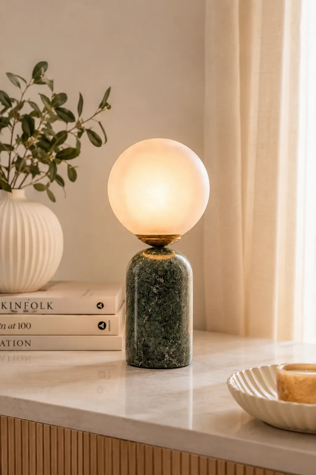Reggal Decors Modern Marble Table Lamp with Frosted Glass Globe Shade | Luxury Bedside Lamp for Bedroom, Living Room & Home Decor