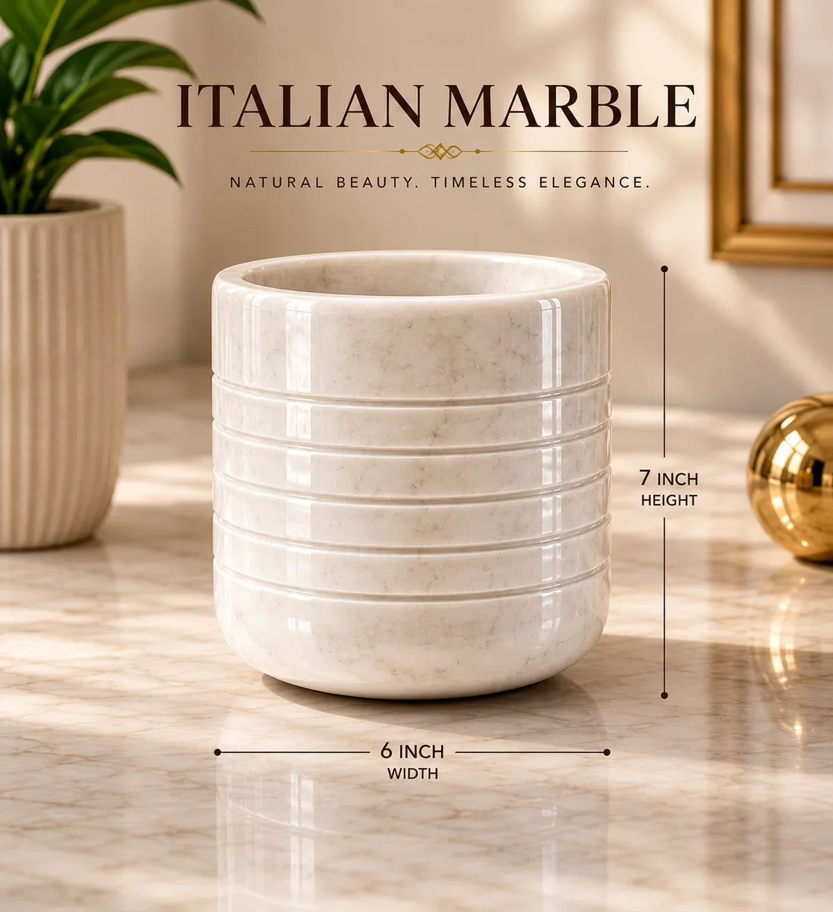 Reggal Decors Italian Marble Flower Pot | Premium White Marble Indoor Planter | Luxury Decorative Plant Pot for Living Room, Bedroom & Office Decor