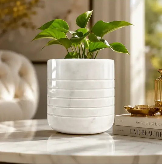 Handcrafted Italian white marble flower pot for luxury home decor with polished natural stone