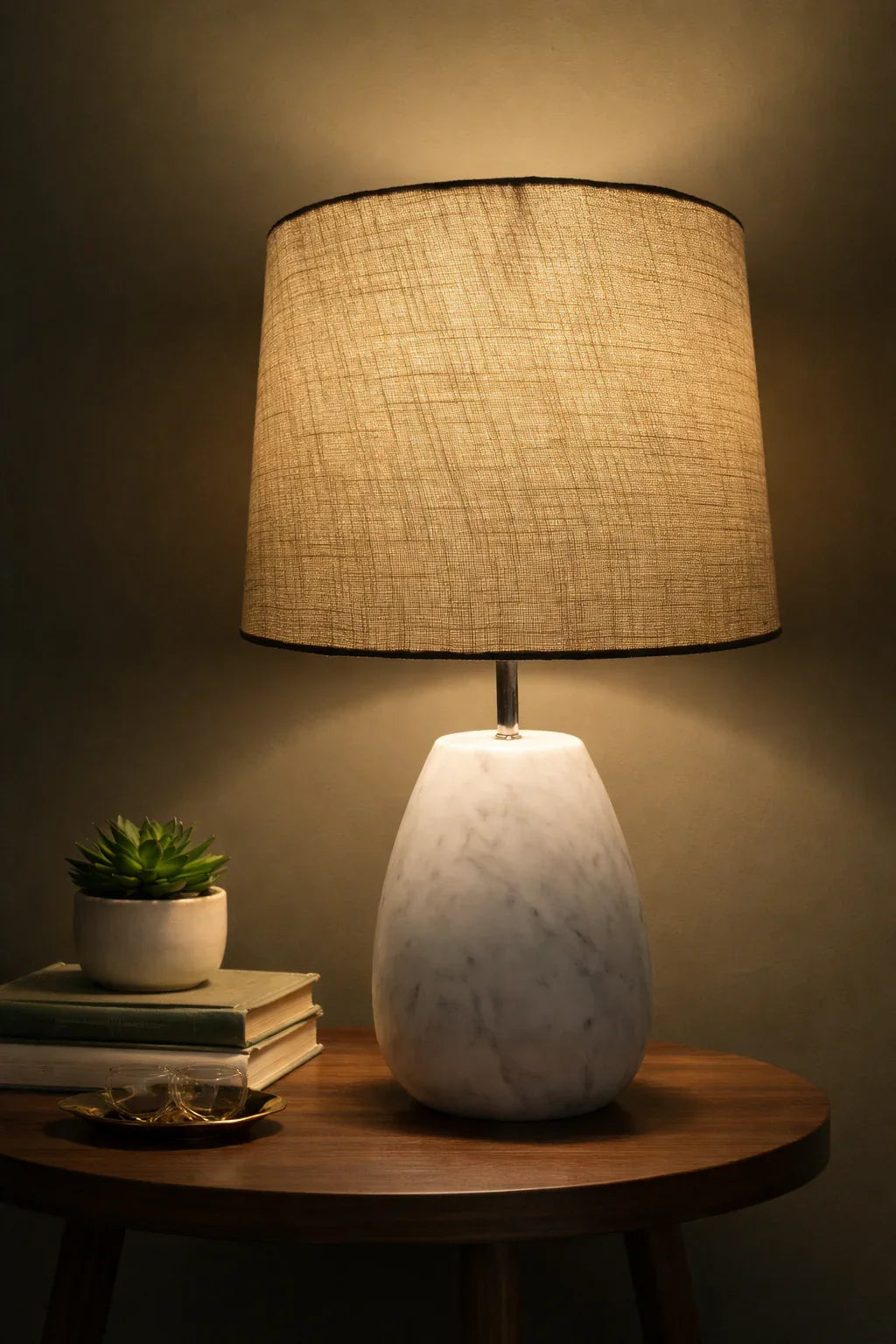 Reggal Decors Marble Table Lamp with Linen Shade | Modern Luxury Bedside Lamp for Bedroom, Living Room & Home Decor