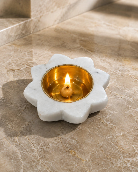 White marble diya with polished golden brass bowl and flower shaped marble base, handcrafted traditional Indian pooja oil lamp for Diwali decoration, mandir decor, festive home decor and spiritual celebrations