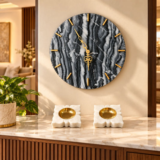 Black grey marble wall clock with two white marble diya combo set