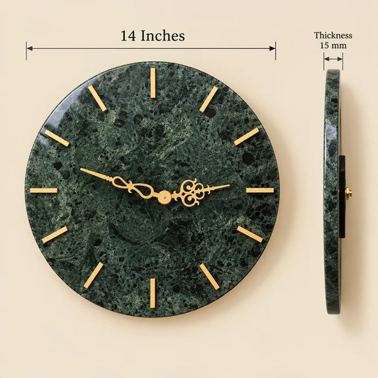 Luxury green marble clock with gold details and decorative hands for elegant home decor