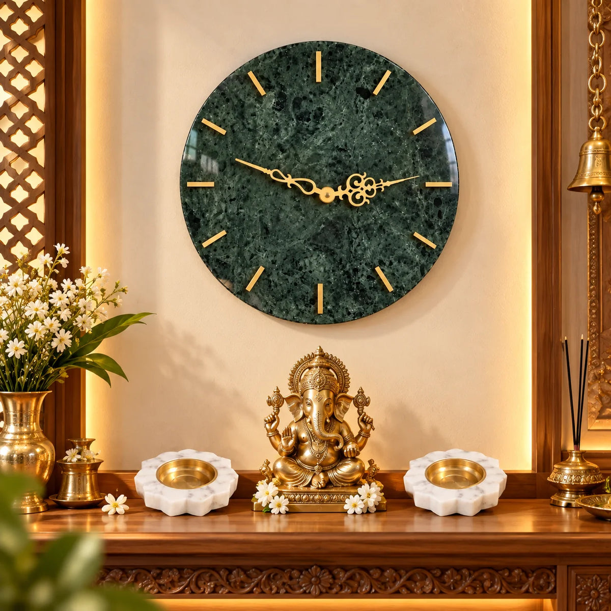 Luxury green marble wall clock with two white marble diyas