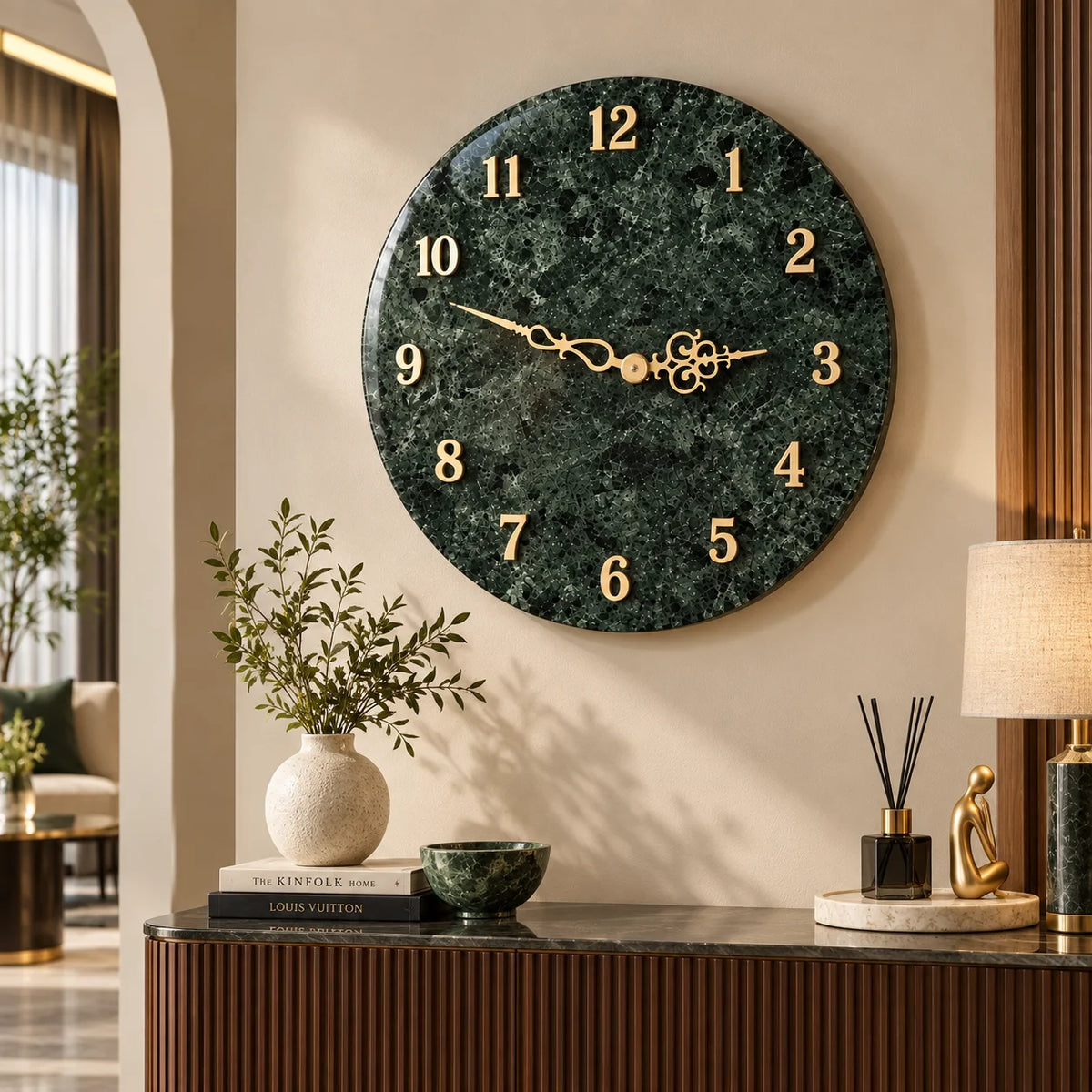 Luxury green marble wall clock with decorative gold dial and numerals for living room decor