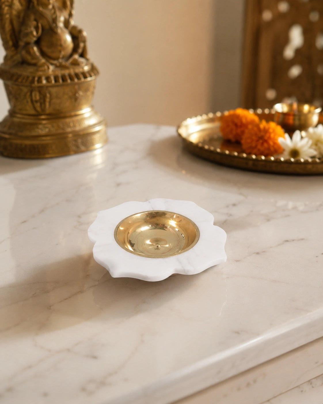 Luxury white marble diya with brass bowl for home pooja, festive decor and Indian interiors