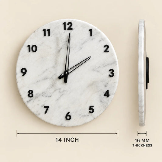 Luxury white marble wall clock with black numerals displayed on a cream wall in a modern living room, adding a timeless touch to home décor.