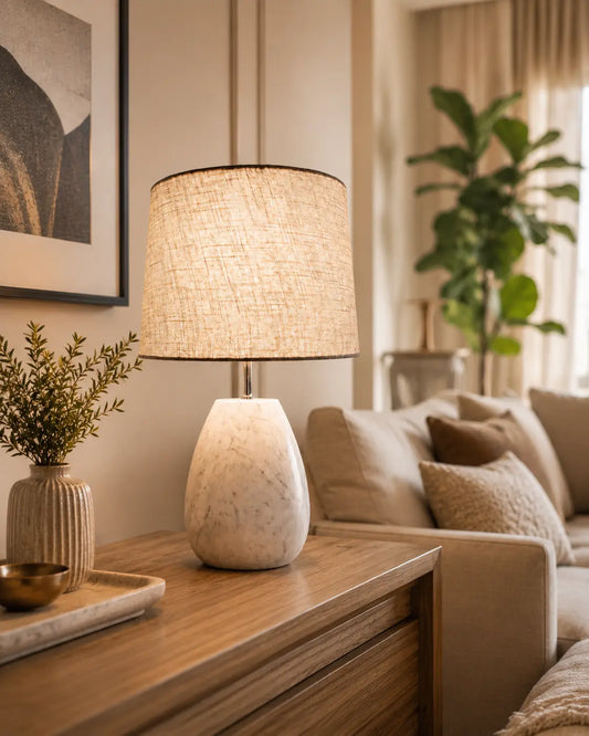 Luxury white marble table lamp with premium fabric lampshade for bedroom, living room, and modern home décor