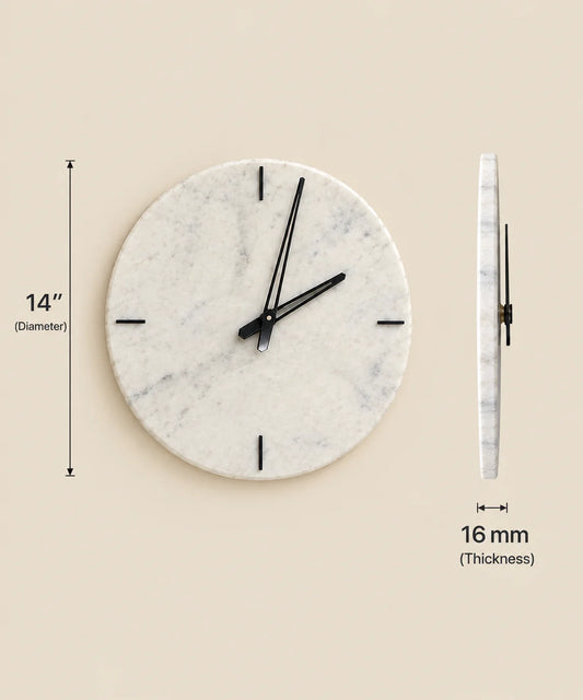 Round marble wall clock styled in a luxury modern home interior