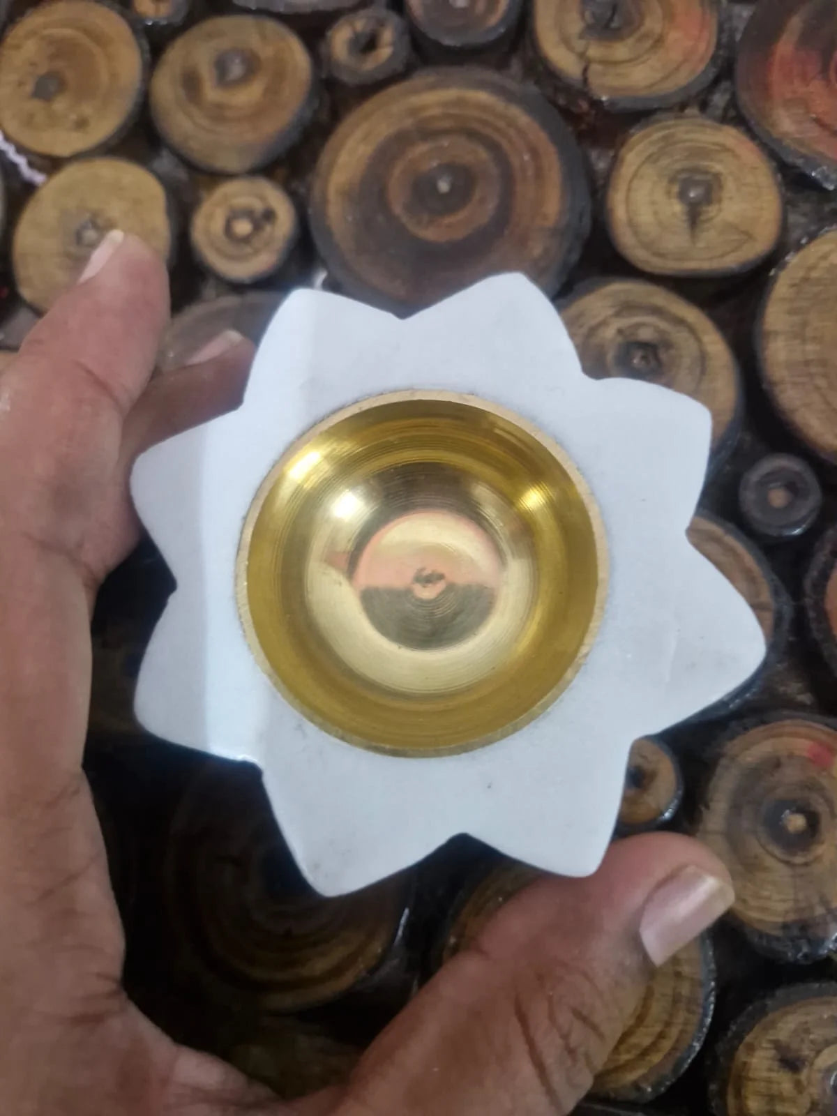 White Marble Star Diya with Gold Brass Bowl – Set of 2 |  Reggal Decors