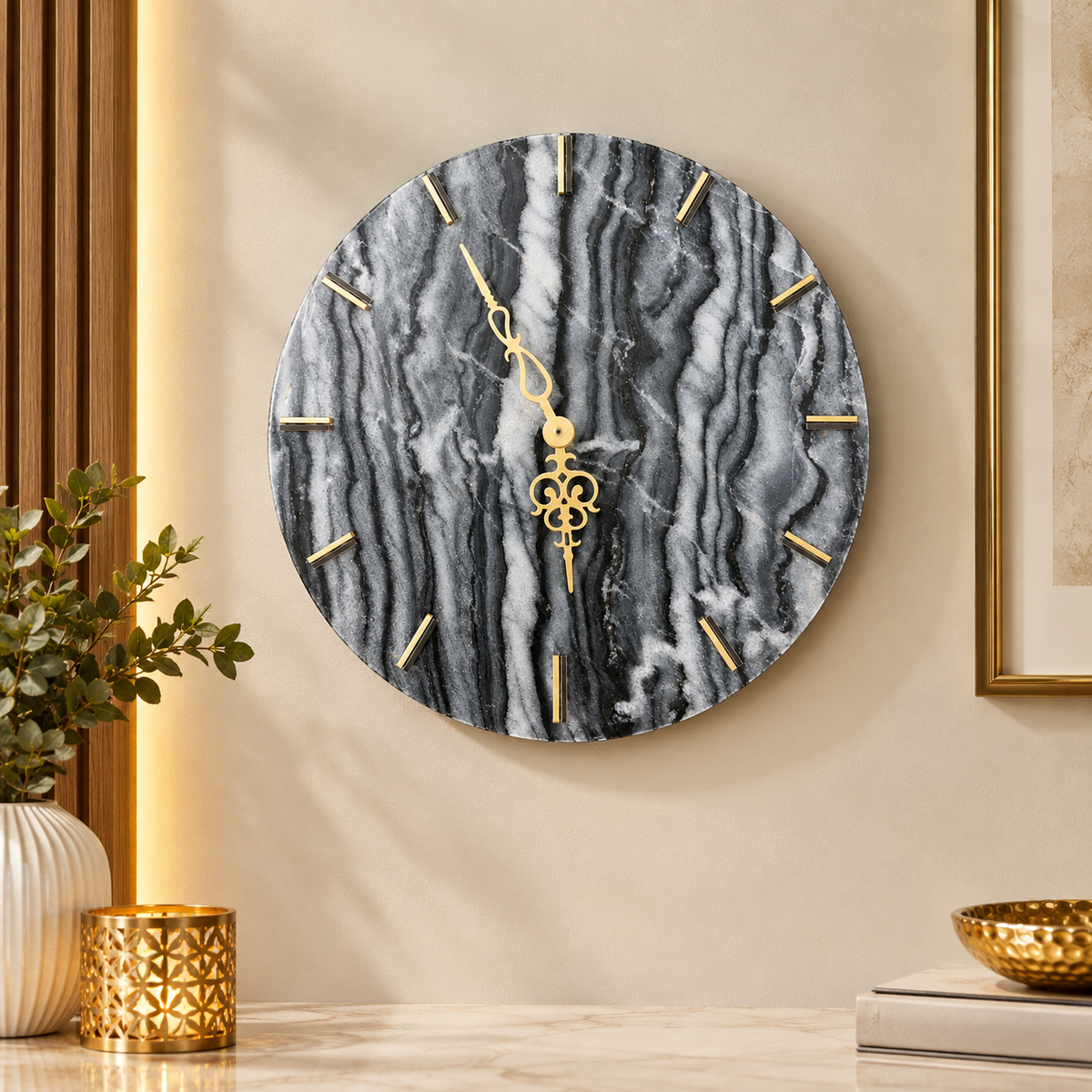 14 inch round black marble wall clock with gold markers in a luxury modern interior