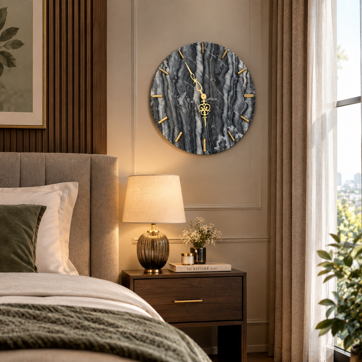 14 inch round black marble wall clock with gold details styled in a luxury bedroom