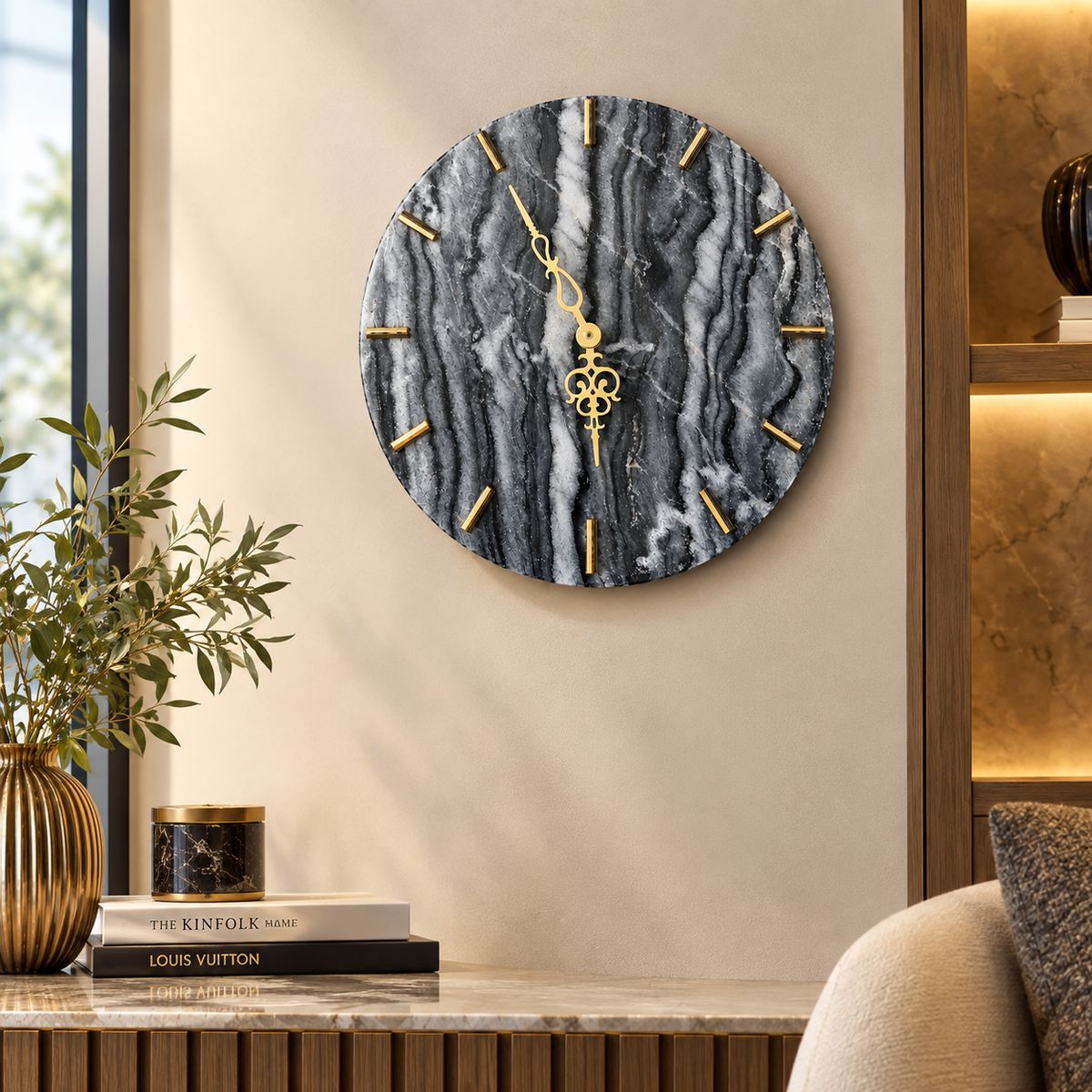 14 inch round marble wall clock with gold hands displayed in an elegant living room