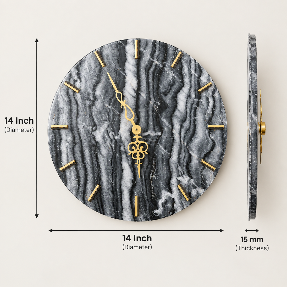 14 inch round marble wall clock with 15 mm thickness dimensions