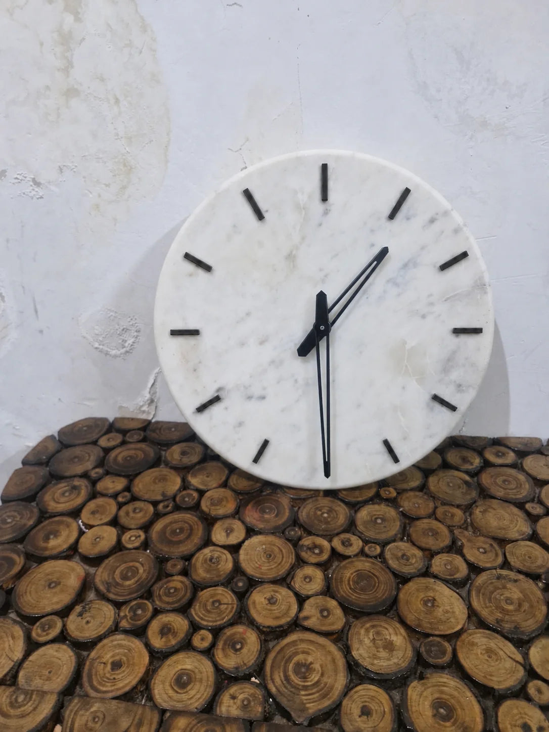14 Inch White Marble Wall Clock with Black Striped Numbers