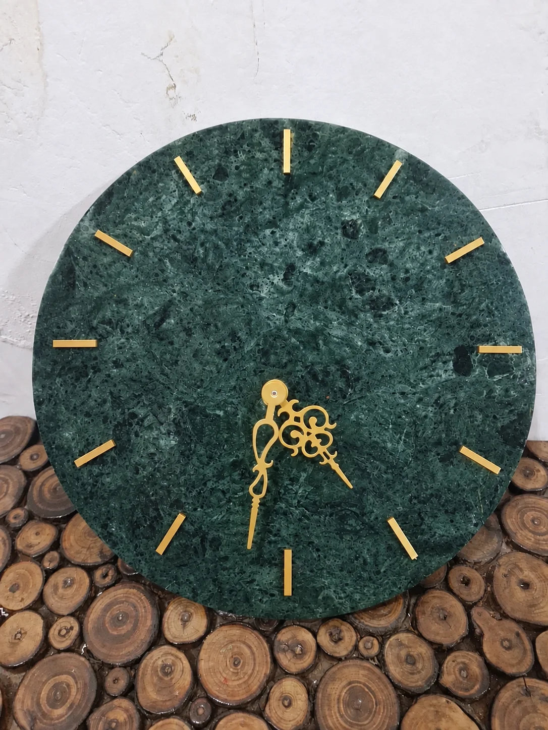 Green Marble Wall Clock 14 Inch with Green Striped Numbers