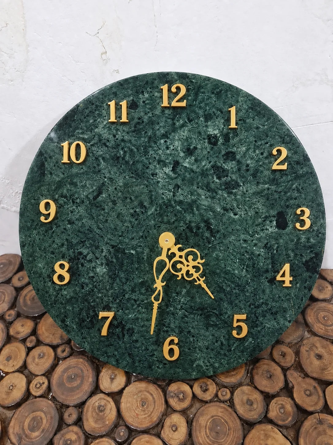 Green Marble Wall Clock 14 Inch with Golden Numbers