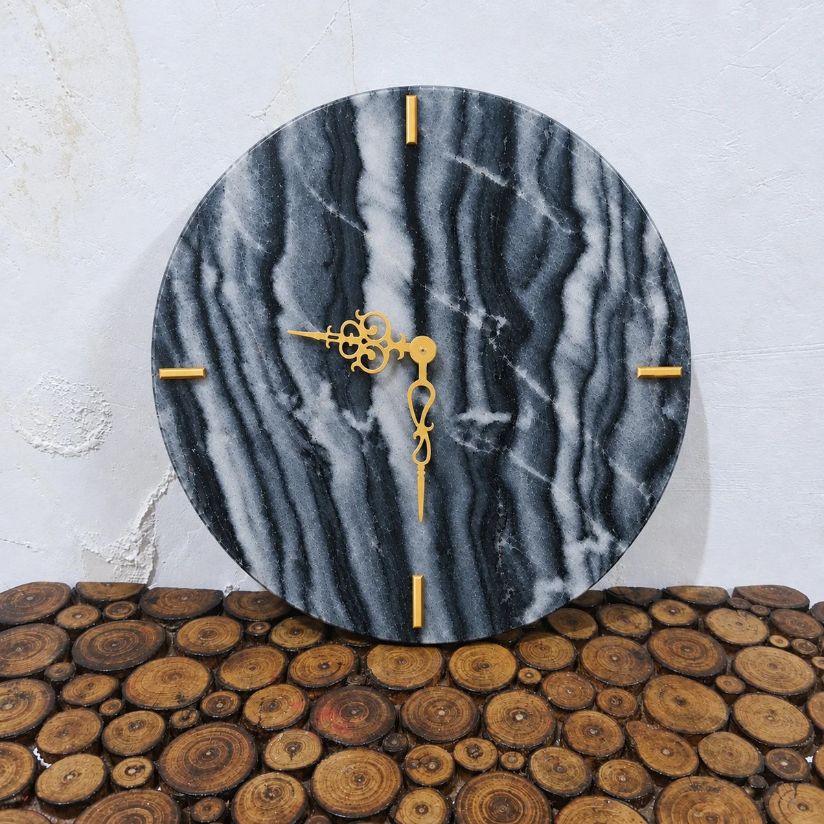 14 Inch Black Marble Wall Clock with Natural Grey Veins & Gold Quarter Markers