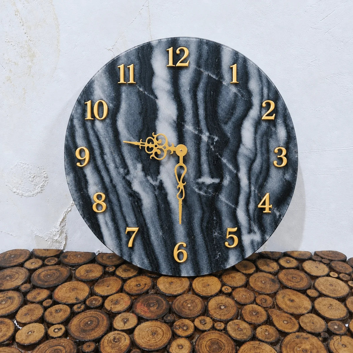 14 inch round marble wall clock with gold hands