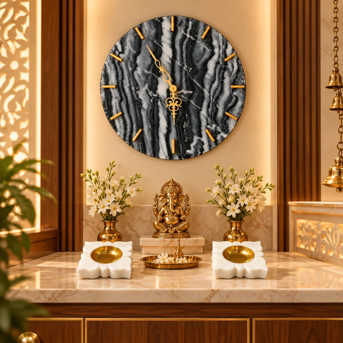 Marble wall clock with two white marble diyas for elegant home decor