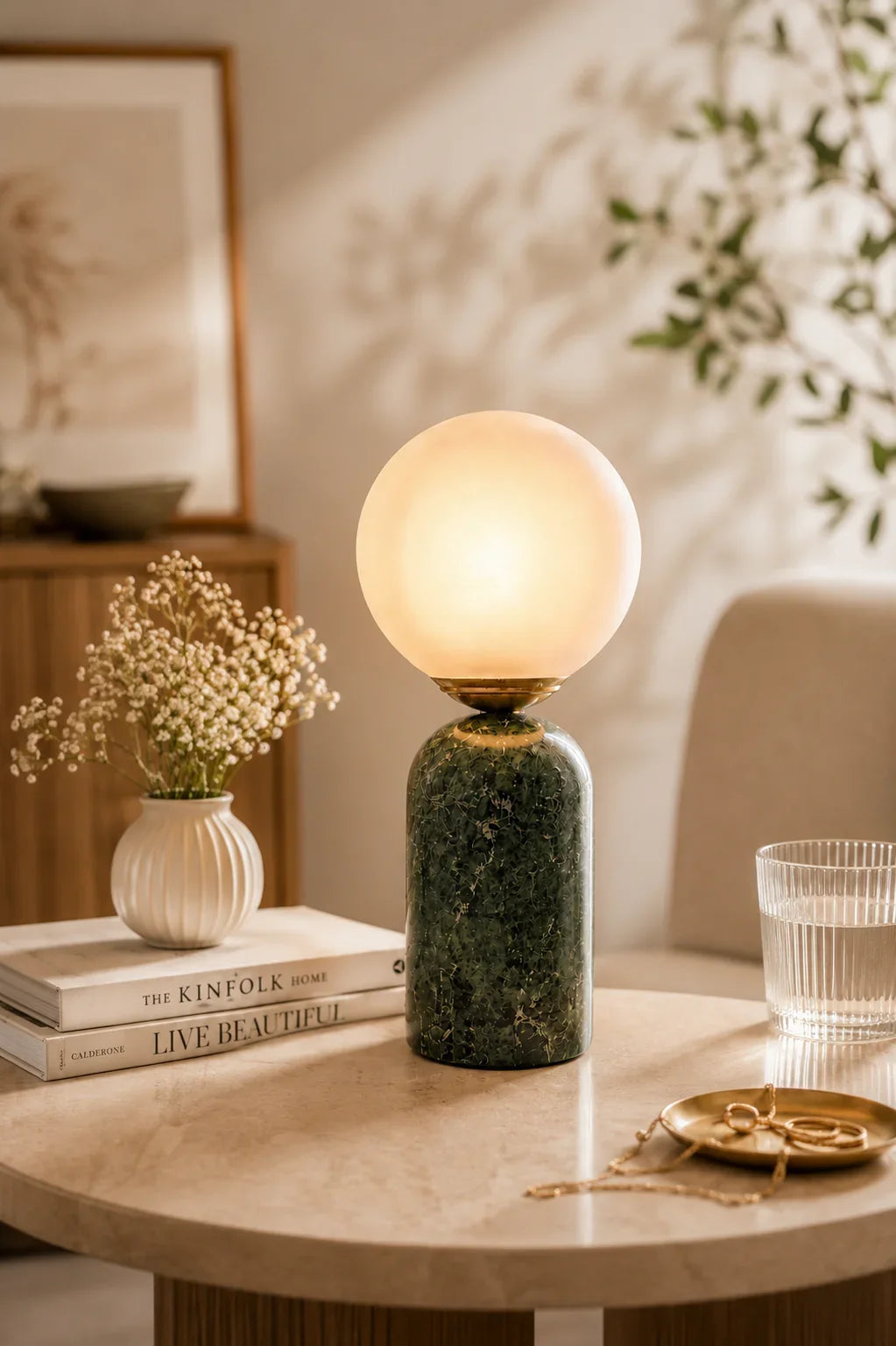 Reggal Decors Modern Marble Table Lamp with Frosted Glass Globe Shade | Luxury Bedside Lamp for Bedroom, Living Room & Home Decor