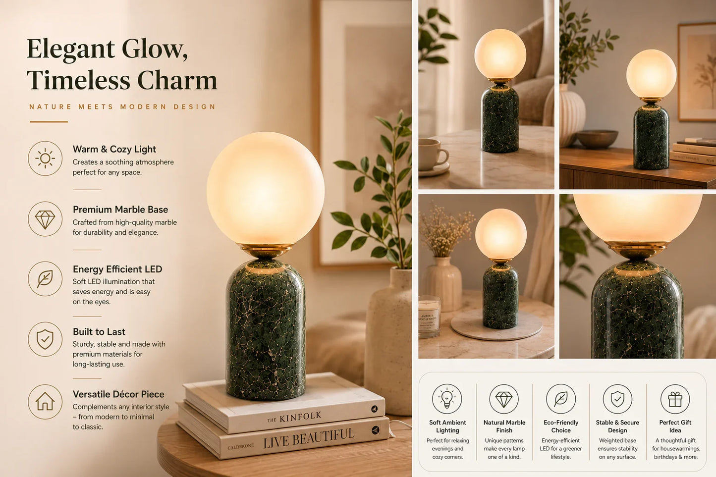 Reggal Decors Modern Marble Table Lamp with Frosted Glass Globe Shade | Luxury Bedside Lamp for Bedroom, Living Room & Home Decor