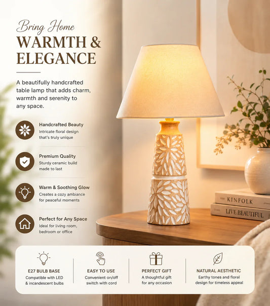 REGGAL DECORS Luxury Handcrafted Wooden Table Lamp with Premium Fabric Shade | Designer Bedside Lamp for Bedroom & Living Room | Modern Decorative Home Décor Lighting | 18 Inch Accent Table Lamp