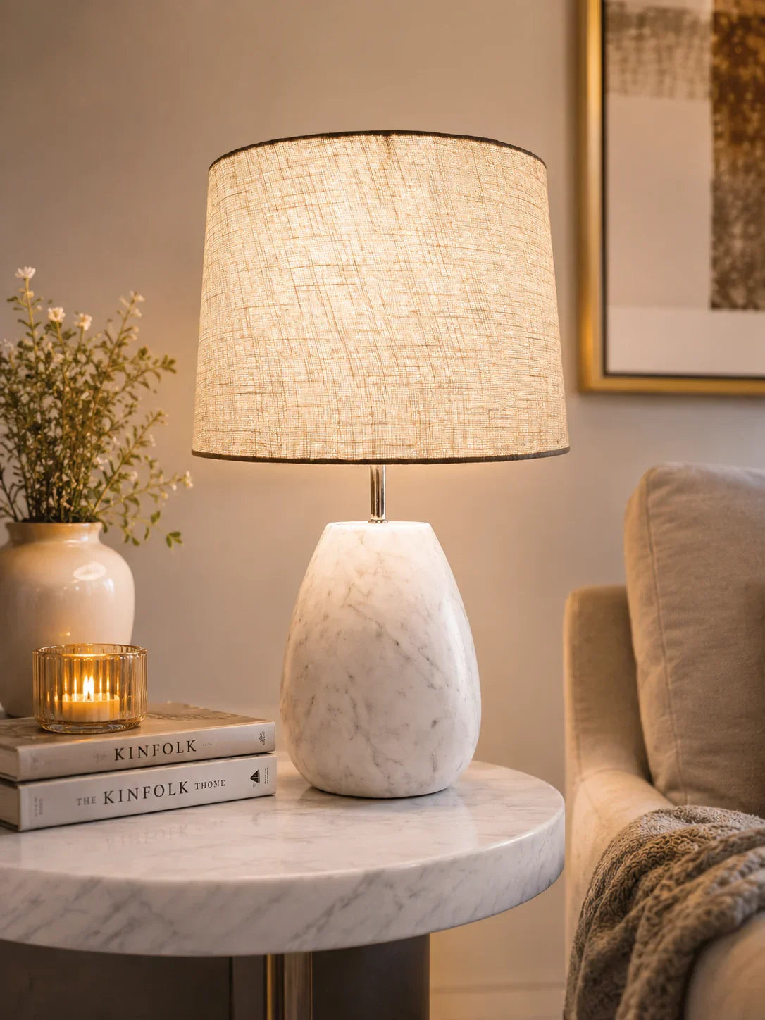 Reggal Decors Marble Table Lamp with Linen Shade | Modern Luxury Bedside Lamp for Bedroom, Living Room & Home Decor