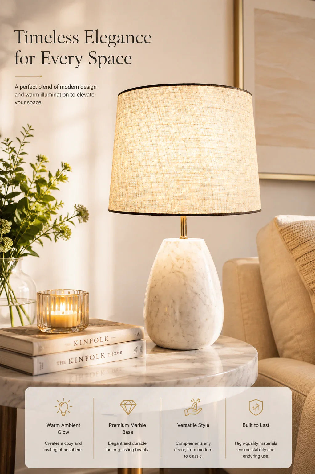 Reggal Decors Marble Table Lamp with Linen Shade | Modern Luxury Bedside Lamp for Bedroom, Living Room & Home Decor