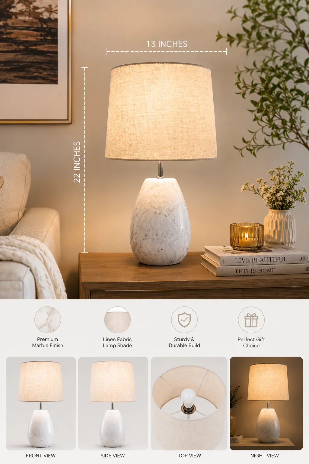 Reggal Decors Marble Table Lamp with Linen Shade | Modern Luxury Bedside Lamp for Bedroom, Living Room & Home Decor