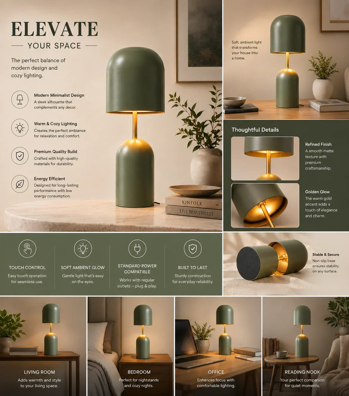 Reggal Decors Olive Green Modern Metal Table Lamp | Minimalist Decorative Bedside Lamp for Bedroom, Living Room & Office