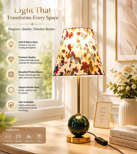 Reggal Decors Floral Designer Table Lamp | Luxury Decorative Bedside Lamp with Marble Base for Bedroom & Living Room