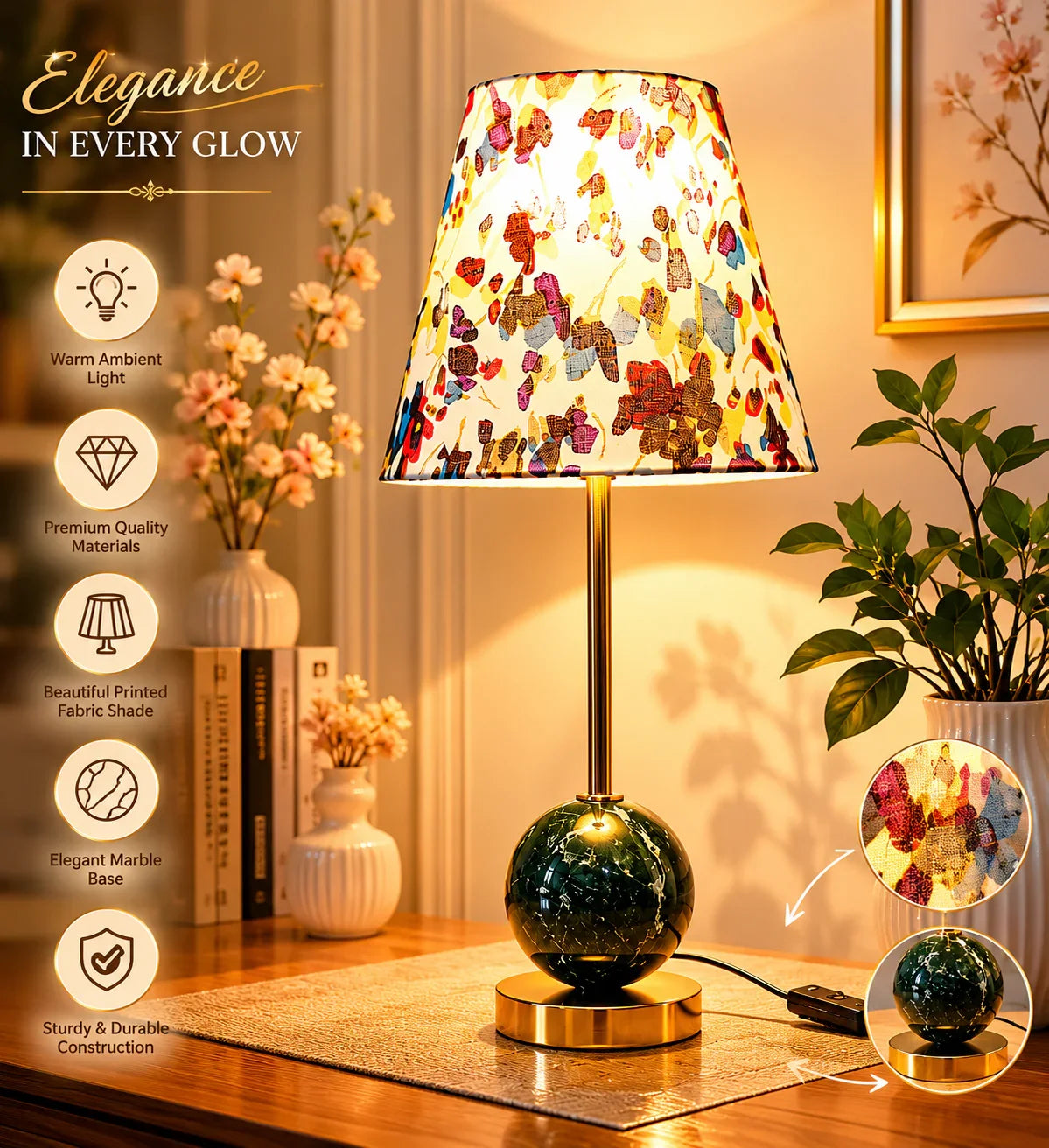 Reggal Decors Floral Designer Table Lamp | Luxury Decorative Bedside Lamp with Marble Base for Bedroom & Living Room