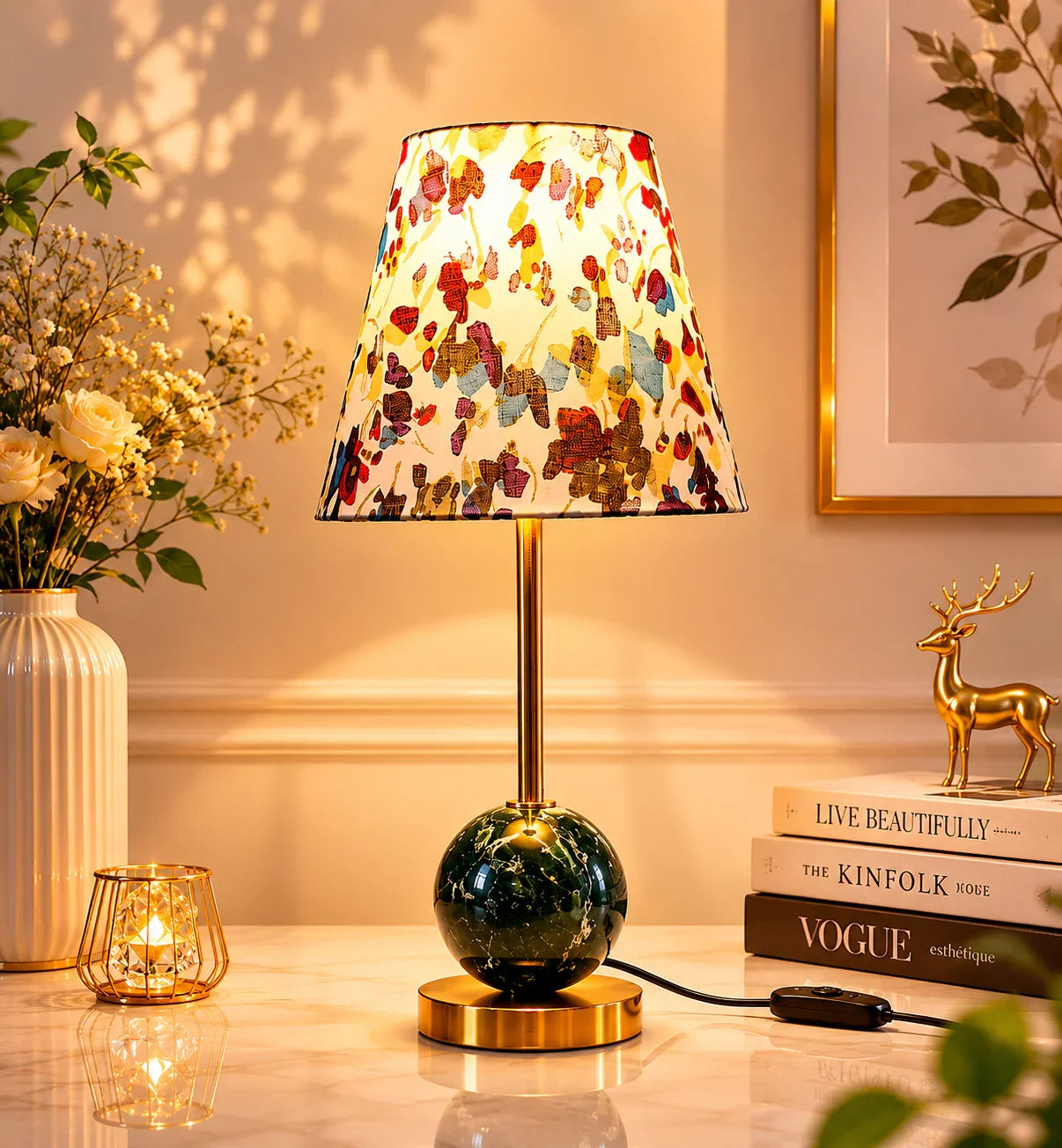 Reggal Decors Floral Designer Table Lamp | Luxury Decorative Bedside Lamp with Marble Base for Bedroom & Living Room