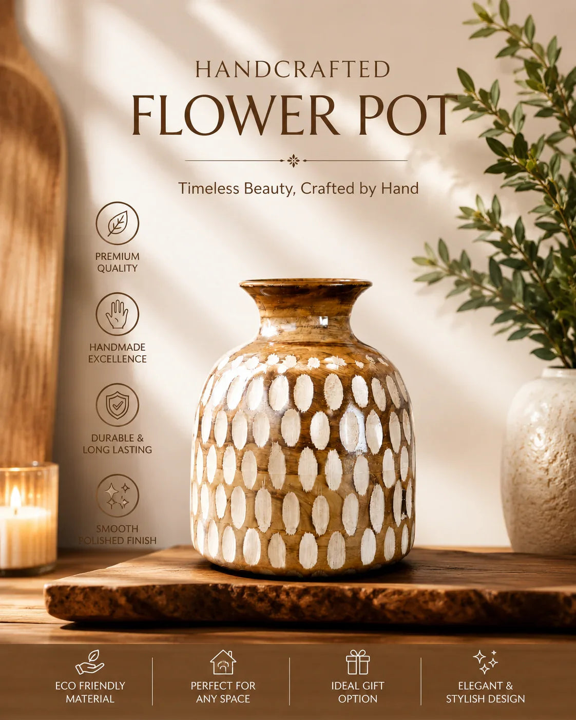 Reggal Decors Decorative Ceramic Flower Vase | Modern White & Brown Textured Flower Pot for Home Decor, Living Room & Table Centerpiece