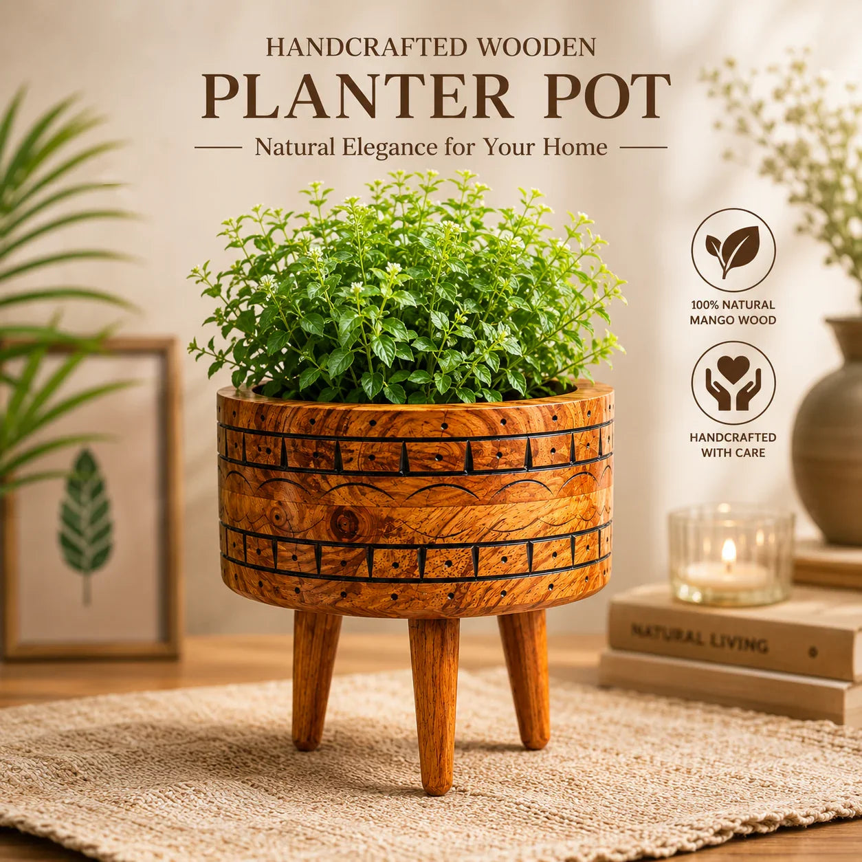 Reggal Decors Handcrafted Wooden Planter Pot Stand | Premium Sheesham Wood Indoor Flower Pot Holder | Decorative Tabletop Plant Pot for Living Room, Bedroom & Office