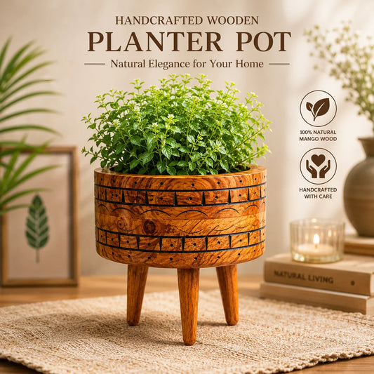 Reggal Decors Handcrafted Wooden Planter Pot Stand | Premium Sheesham Wood Indoor Flower Pot Holder | Decorative Tabletop Plant Pot for Living Room, Bedroom & Office