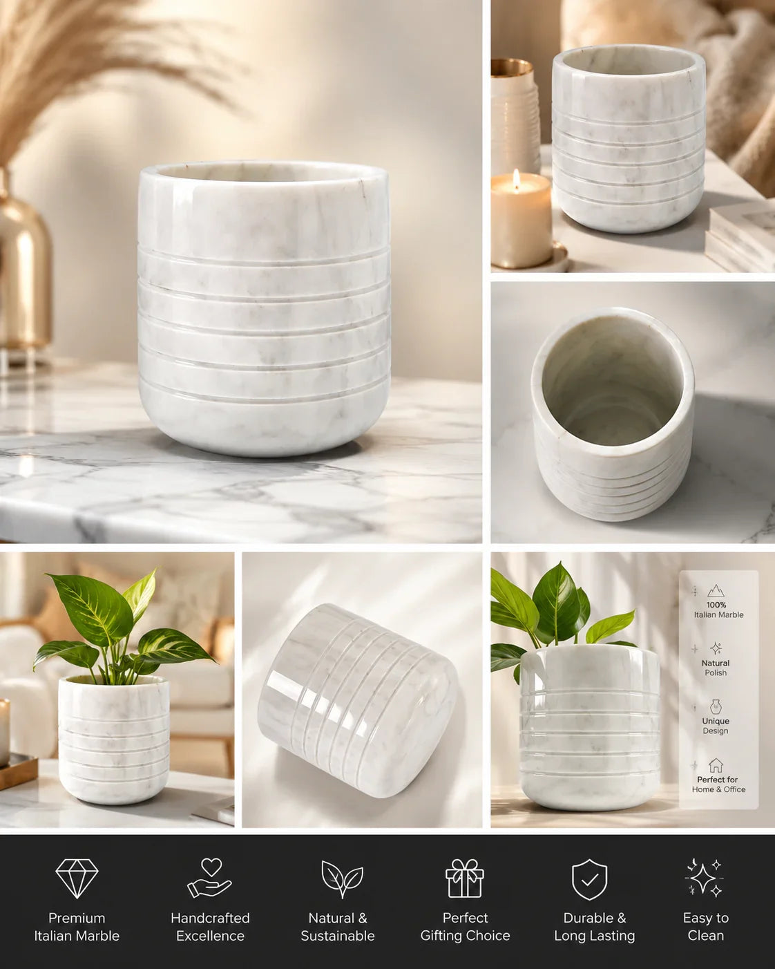 Reggal Decors Italian Marble Flower Pot | Premium White Marble Indoor Planter | Luxury Decorative Plant Pot for Living Room, Bedroom & Office Decor