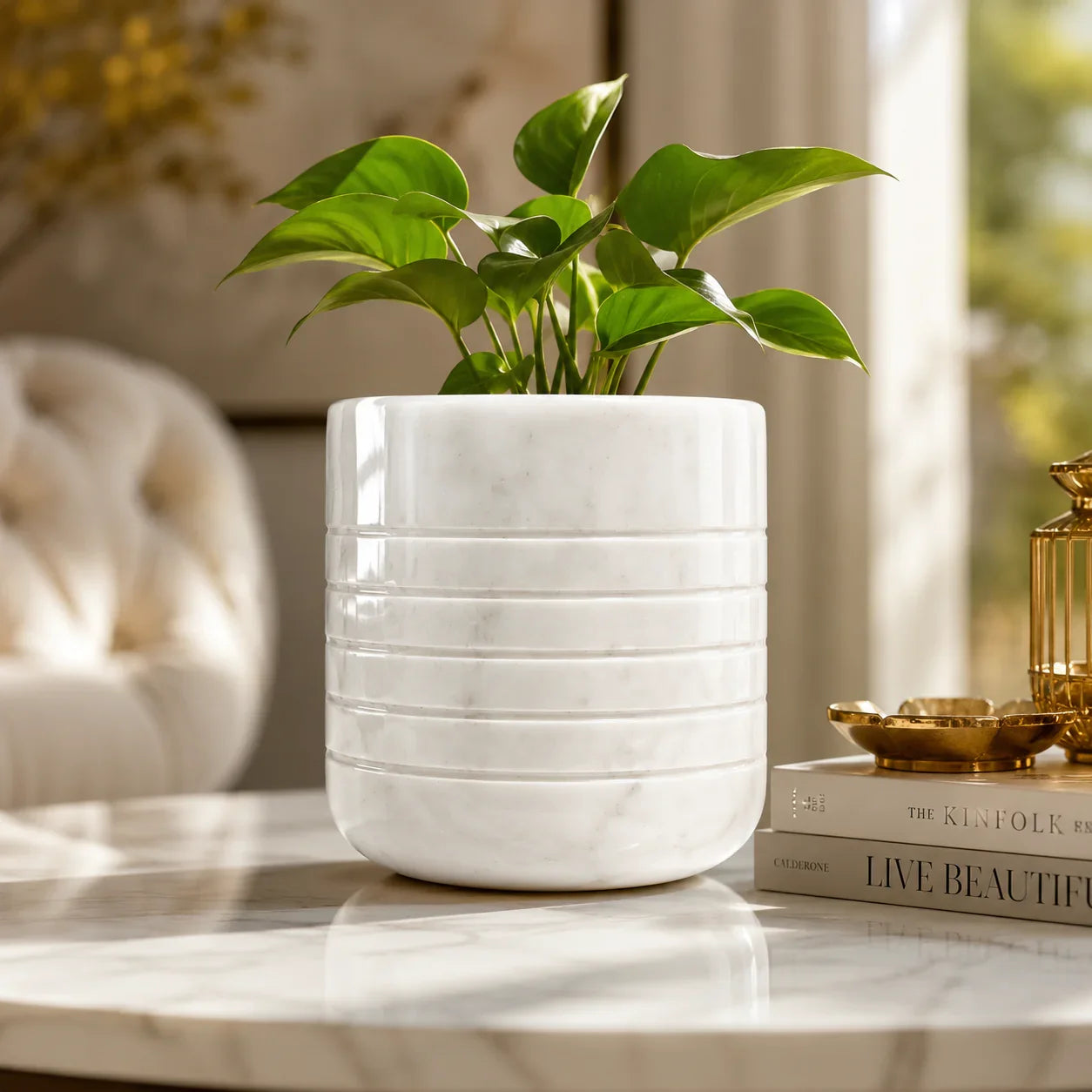 Reggal Decors Italian Marble Flower Pot | Premium White Marble Indoor Planter | Luxury Decorative Plant Pot for Living Room, Bedroom & Office Decor