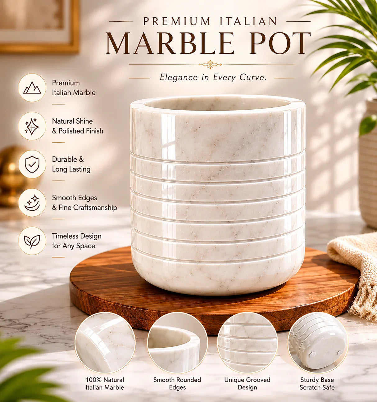 Reggal Decors Italian Marble Flower Pot | Premium White Marble Indoor Planter | Luxury Decorative Plant Pot for Living Room, Bedroom & Office Decor