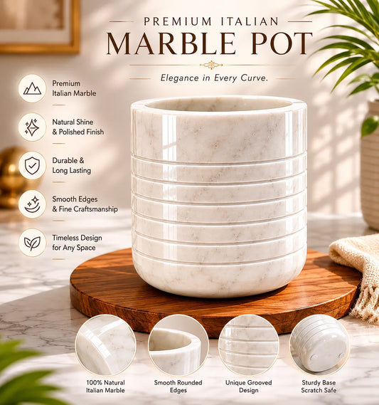 Reggal Decors Italian Marble Flower Pot | Premium White Marble Indoor Planter | Luxury Decorative Plant Pot for Living Room, Bedroom & Office Decor