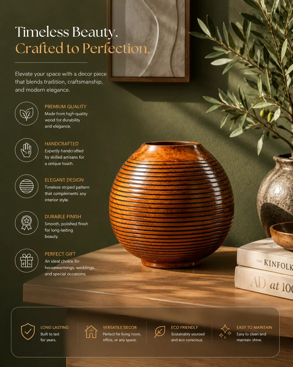 Reggal Decors Handcrafted Wooden Flower Pot | Decorative Round Indoor Planter for Living Room, Office & Home Decor