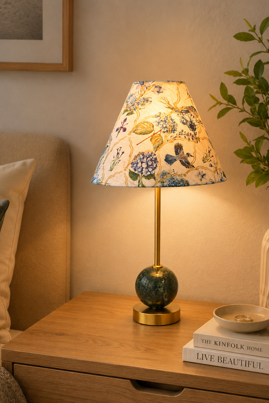 Designer bedside lamp with floral fabric shade
