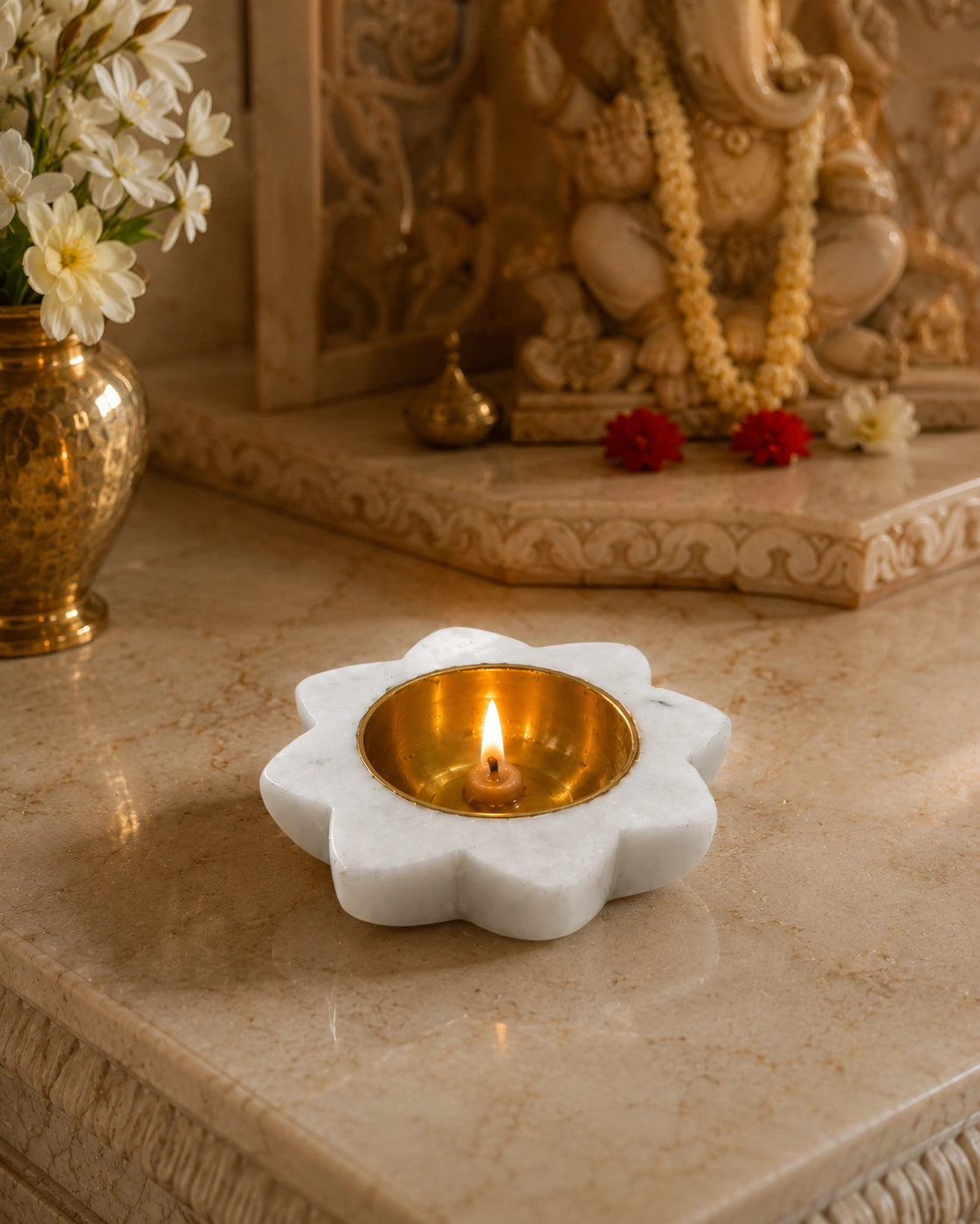 White marble diya with brass brass bowl, flower shaped handcrafted Indian oil lamp for Diwali pooja decoration, traditional Hindu festival home decor