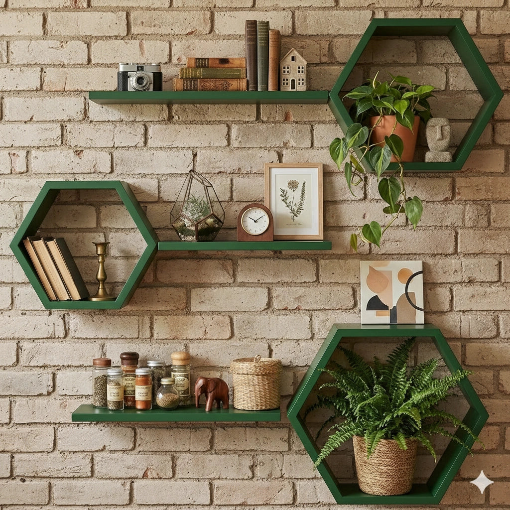 Wooden hexagon wall shelves set of 3 in green finish for modern home décor