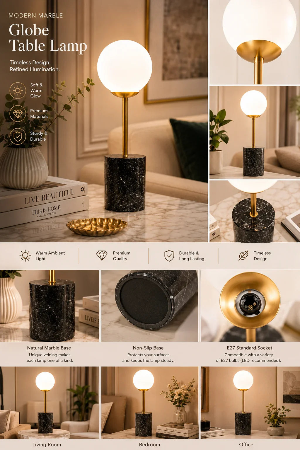 Gold Finish Marble Table Lamp for gift By Reggal Decors
