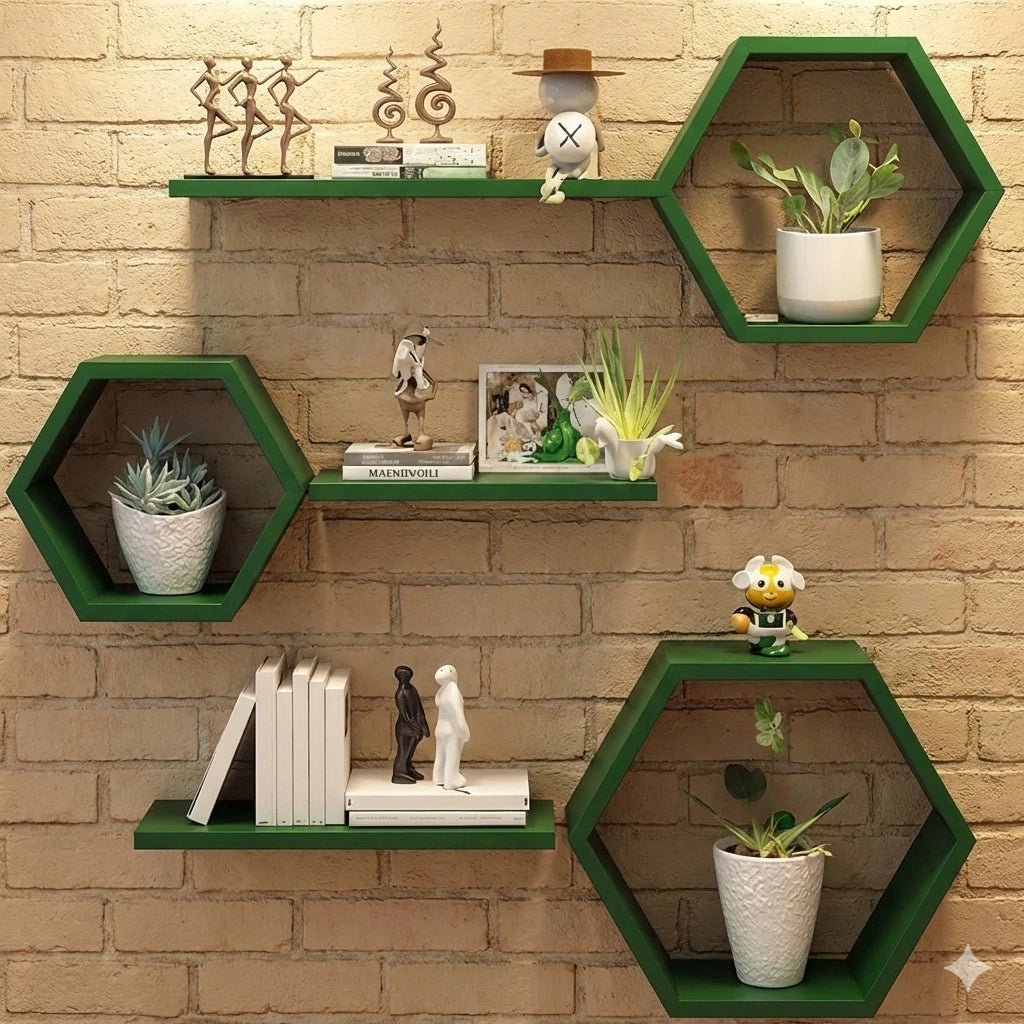 Green wooden hexagon floating wall shelves for living room and bedroom décor
