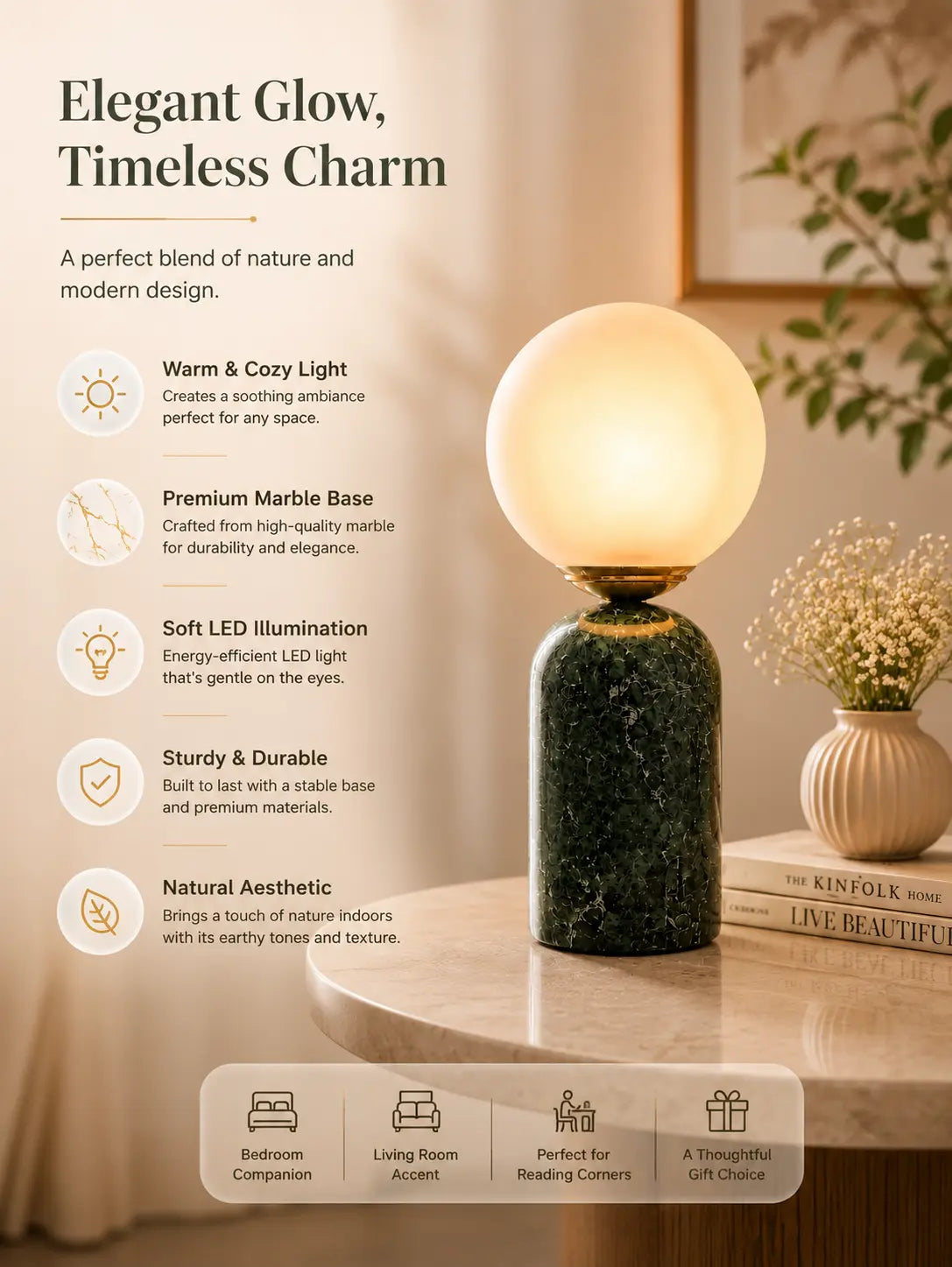 Affordable Green Marble Table lamp for the Living Room and Bed Room  By Reggal Decors 