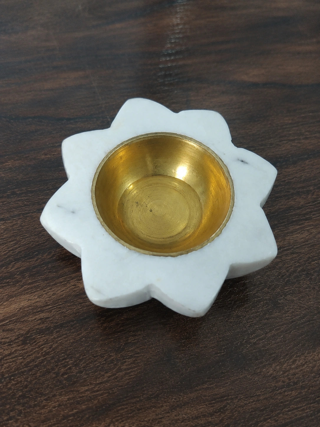 Handcrafted white marble diya with golden brass bowl, traditional Indian pooja oil lamp for Diwali festival decoration, mandir and home decor
