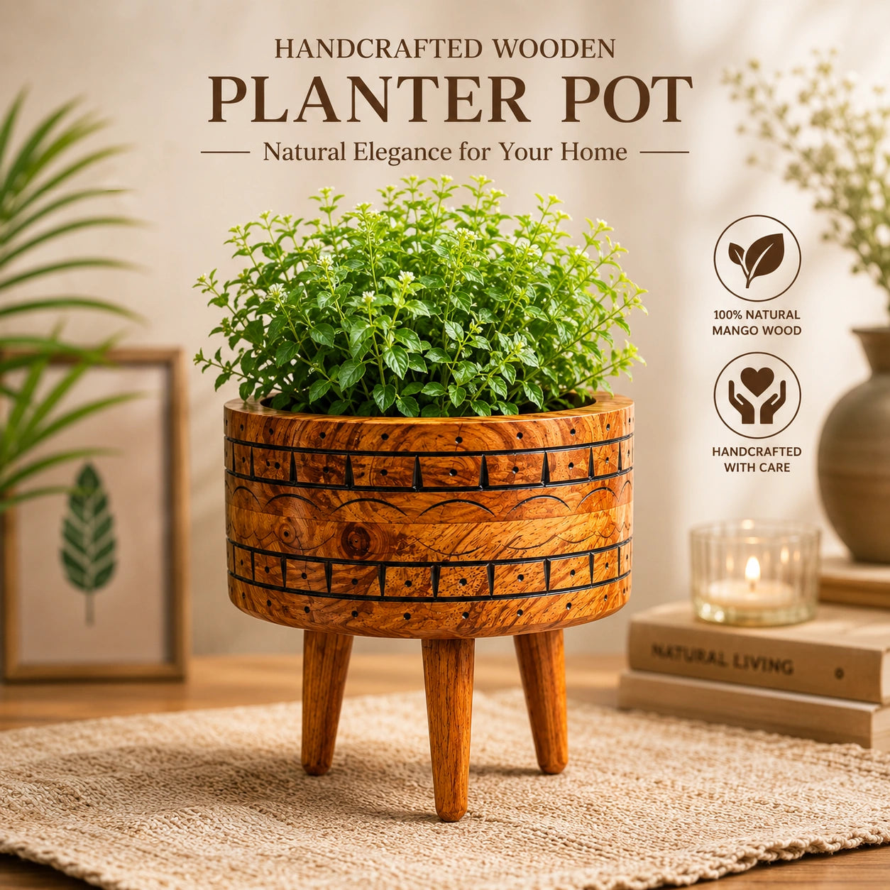 Handcrafted wooden planter and pot  for living room By Reggal Decors